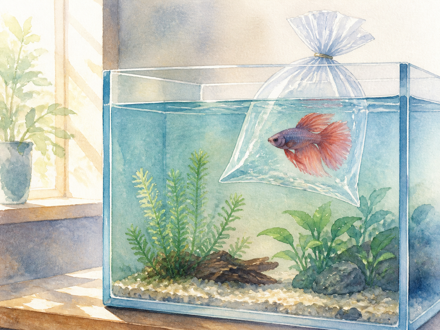 ベタを静かに水合わせしている水彩画