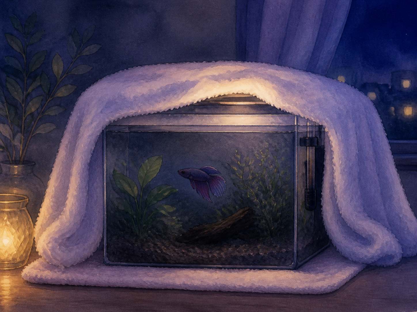 夜にタオルを掛けて休ませるベタ水槽の水彩画