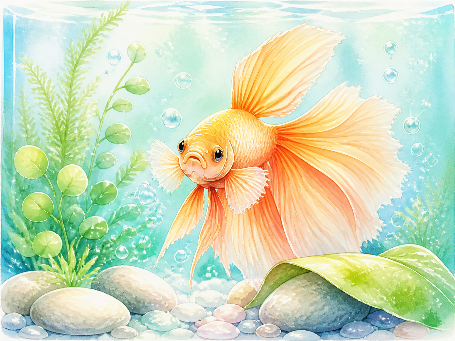 やわらかな光の中を泳ぐオレンジ色のベタの水彩画