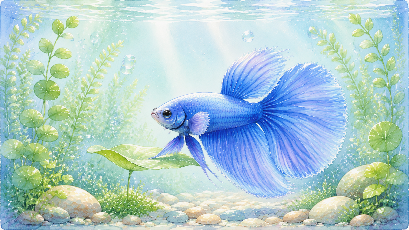 水草とおやすみリーフのそばで穏やかに休む青いベタの水彩イラスト