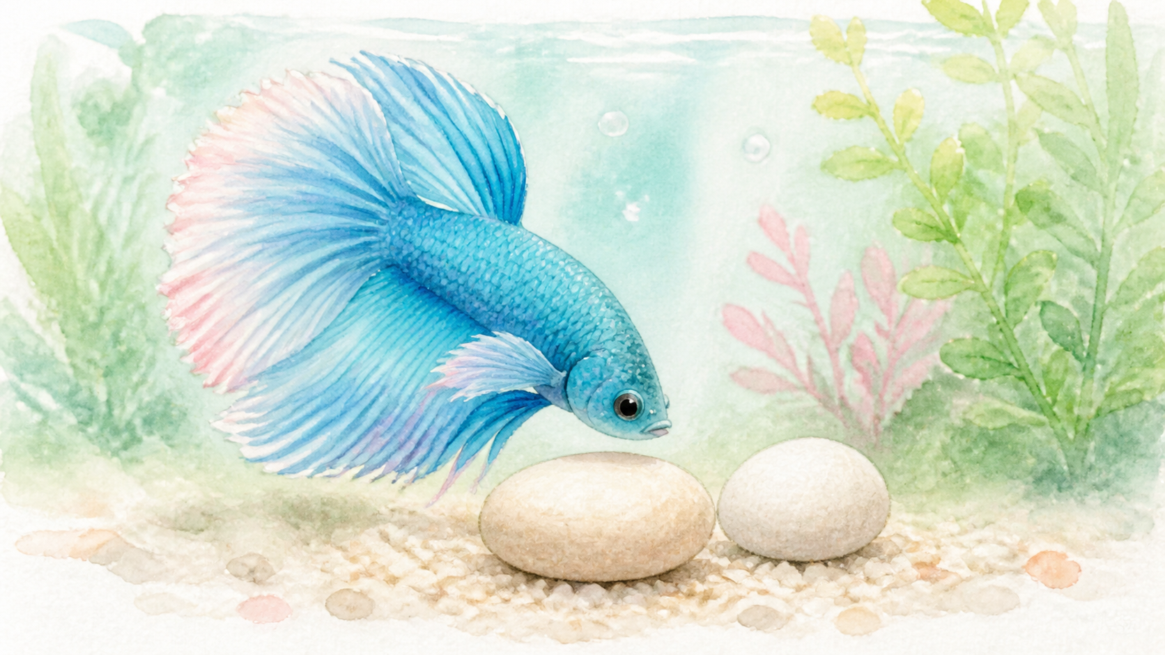 虹の栞を入れた水槽で遊ぶ青いベタの水彩画