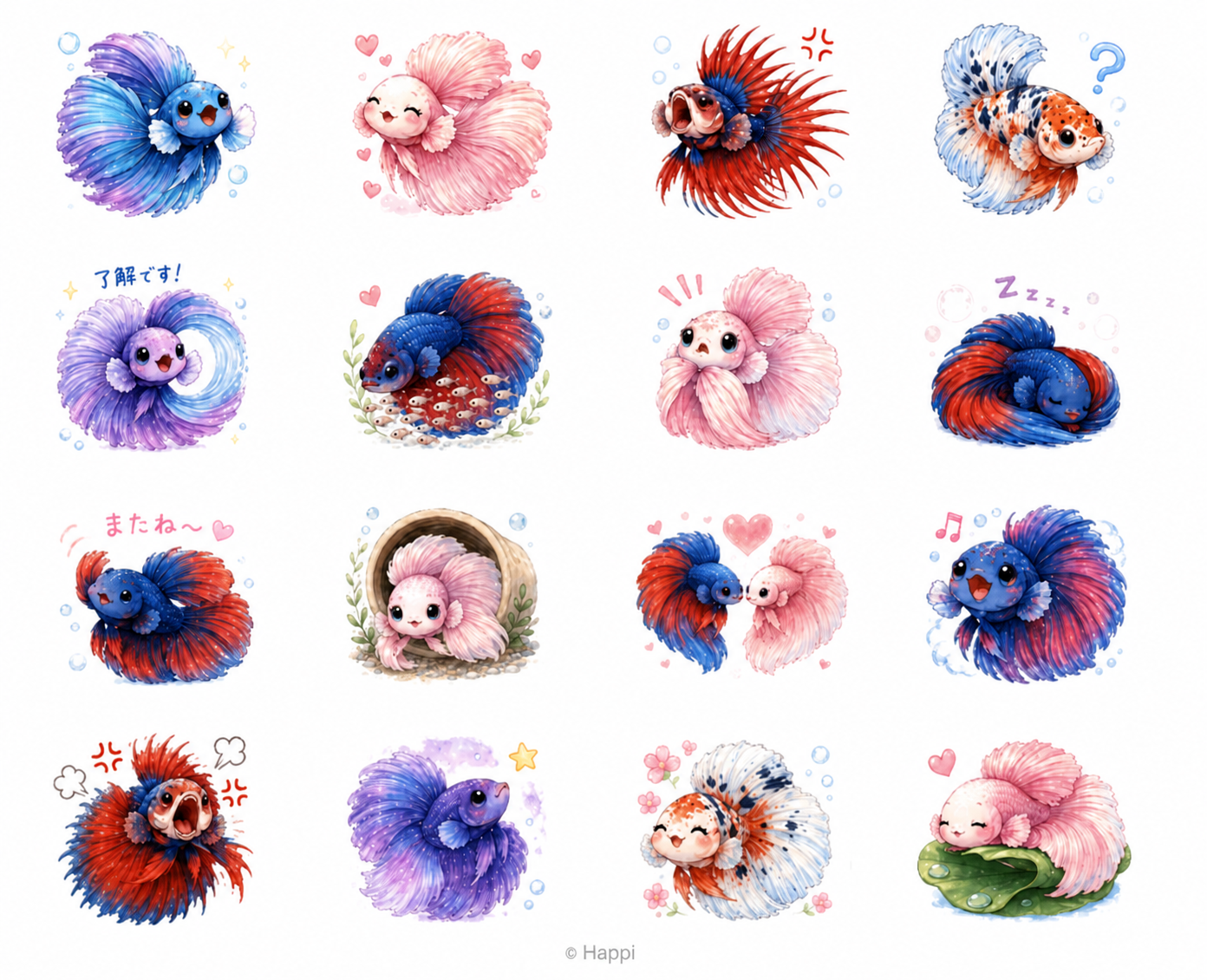 16種類のベタLINEスタンプ「Cute Betta Fish Stickers」全体イメージ