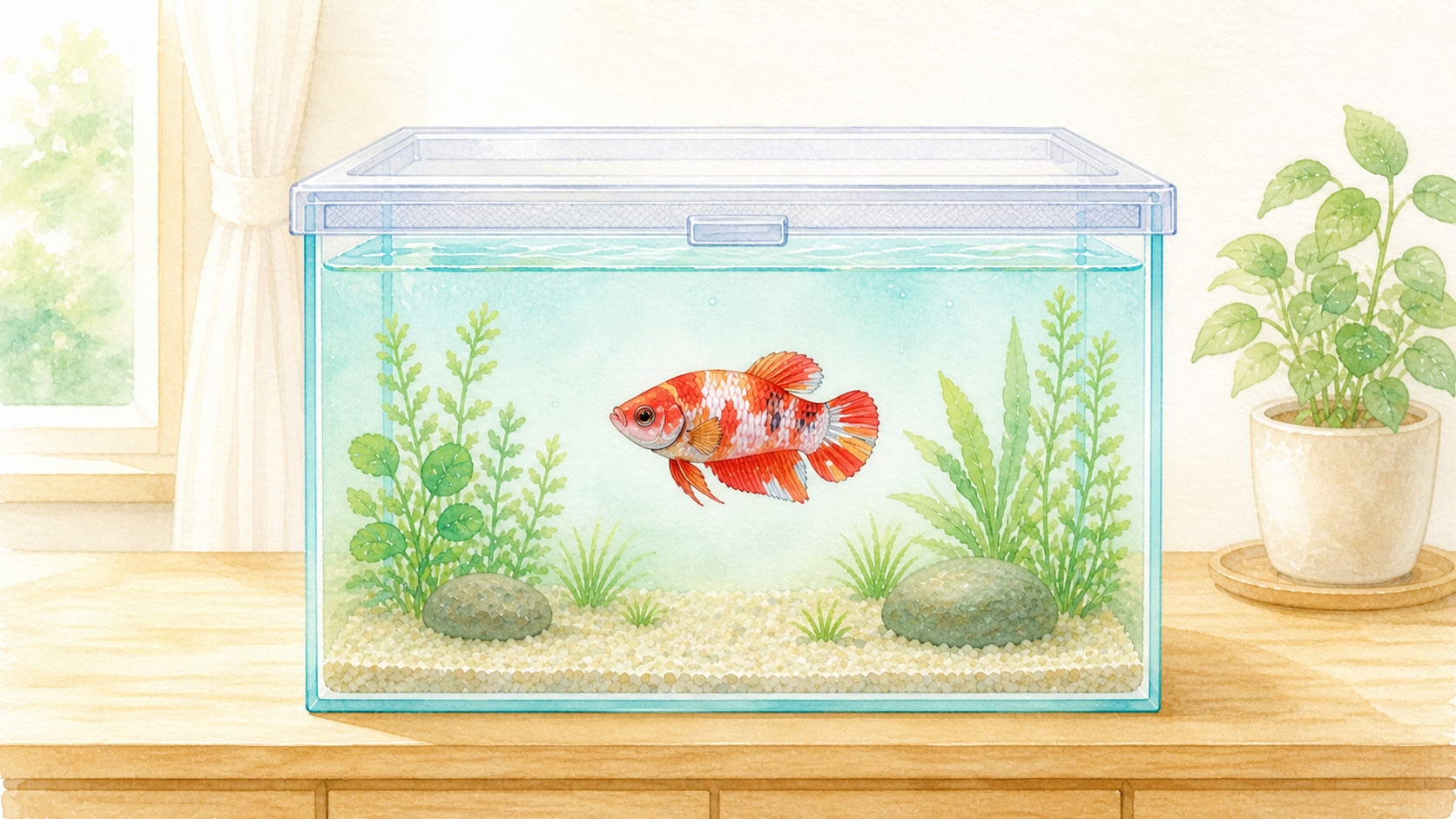 水草のある水槽を泳ぐベタの水彩画