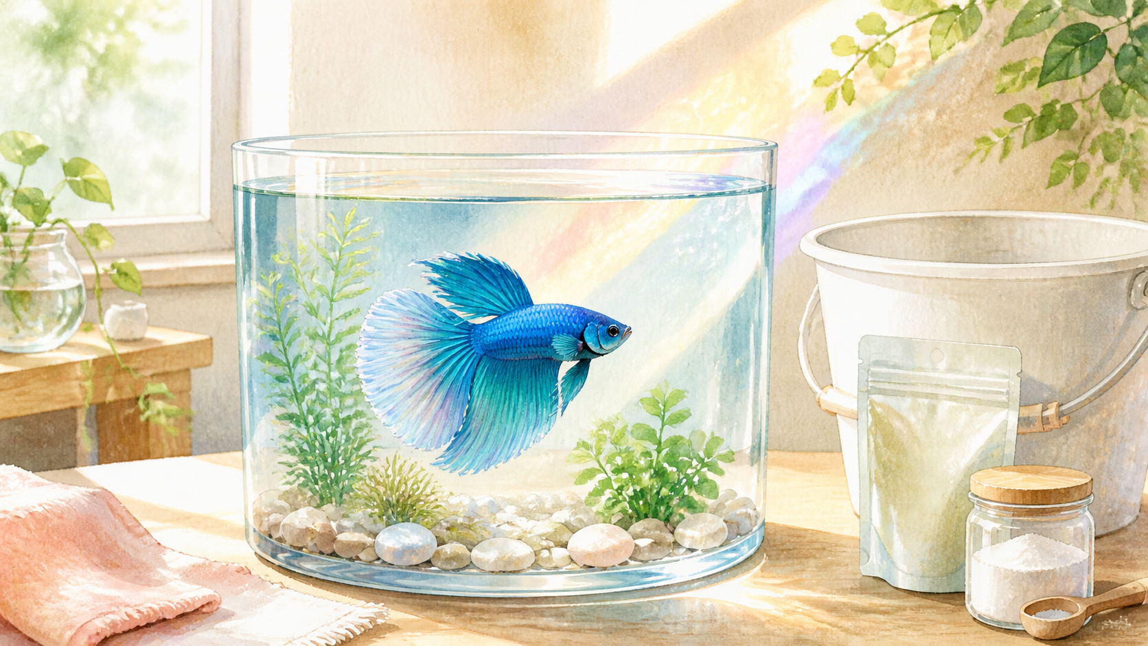 虹色の光が差す水槽を泳ぐ青いベタと、飼育水づくり・エサ保存・掃除用品