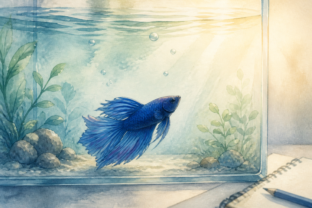 水槽の前で日々の変化を記録しながら見守る青いベタのゆうくんの水彩画