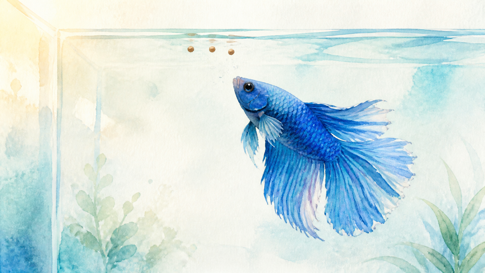 薬浴中に3粒の餌を見上げる青いベタのゆうくんの水彩画