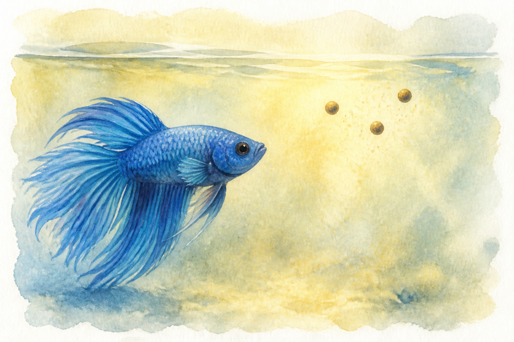 3粒の餌に近づく青いベタのゆうくんの水彩画