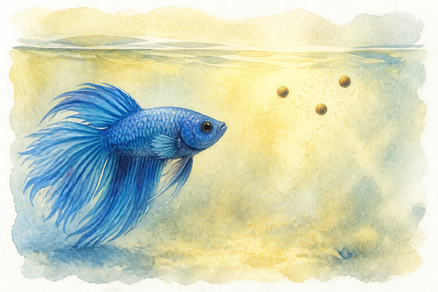 3粒の餌に近づく青いベタの水彩画