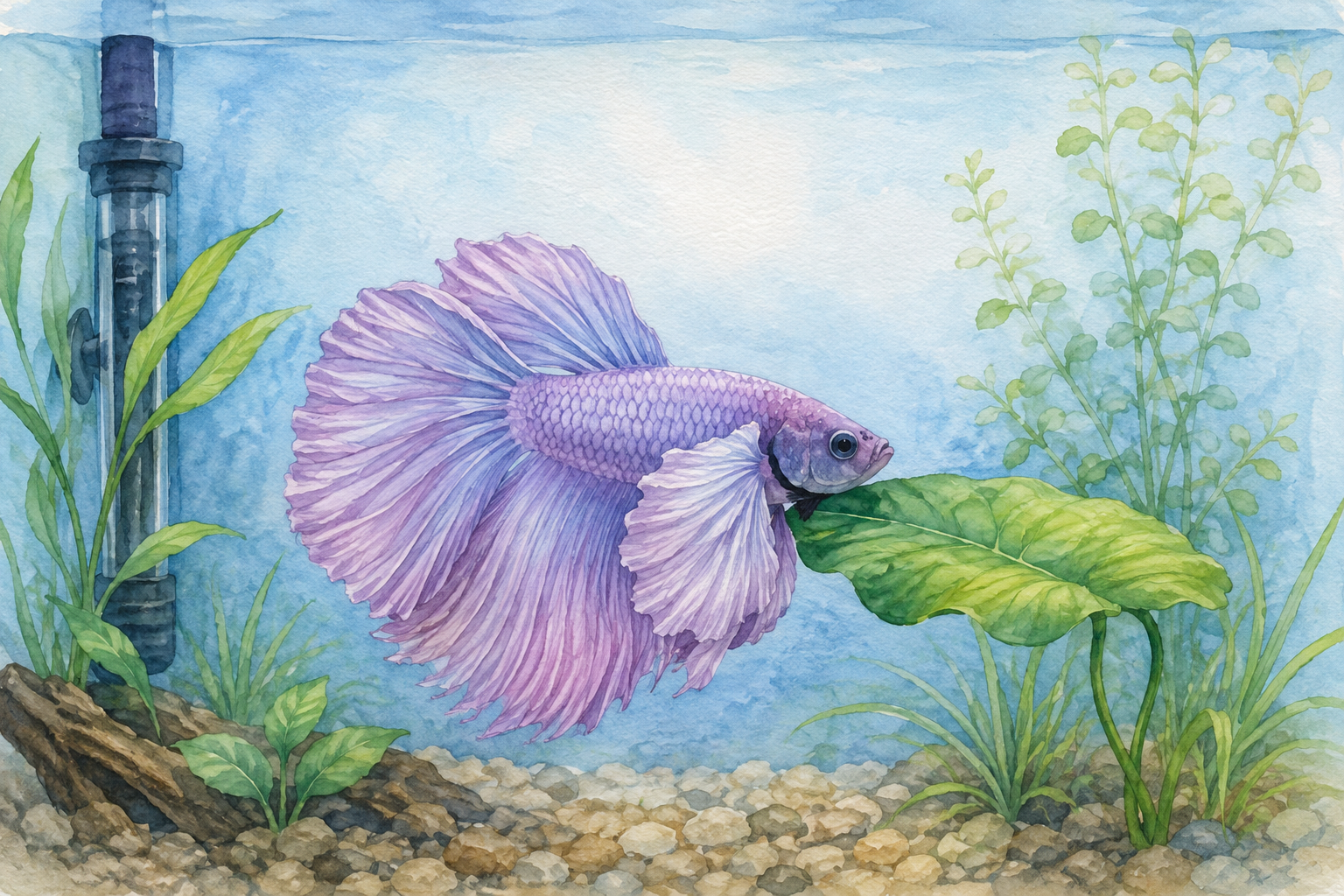 ヒーターと水草のある水槽で休むラベンダー色のダンボベタの水彩画