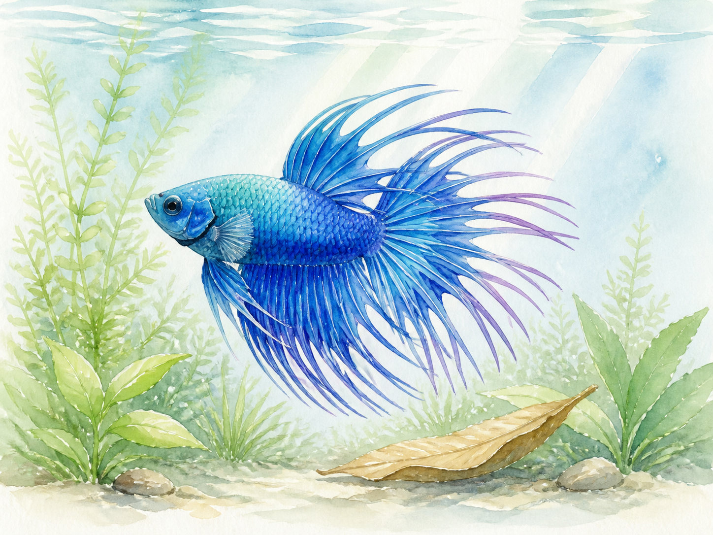 青と紫のクラウンテールベタが水草の中を泳ぐ水彩画