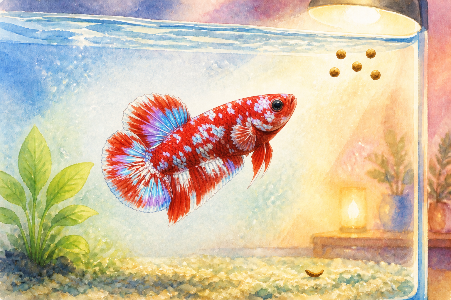 声に反応して食卓エリアへ泳ぎ5粒の餌を待つゆうくんの水彩画