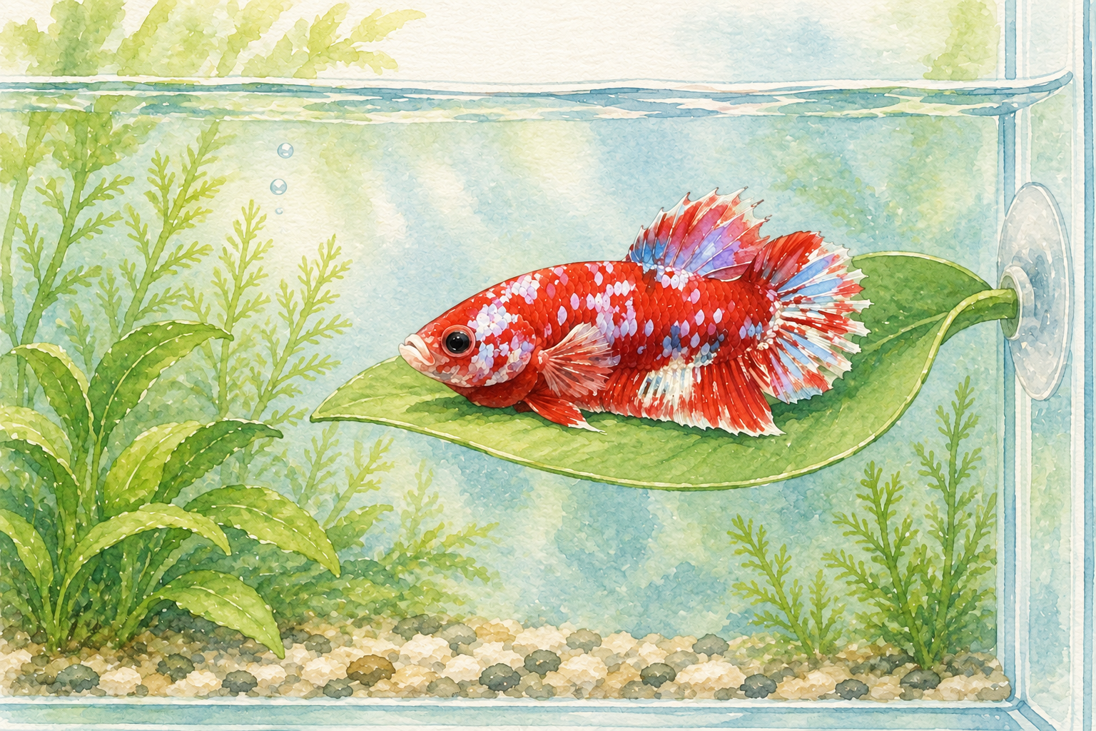 おやすみリーフの上にちょこんと乗る赤いプラカットギャラクシーベタのゆうくんの水彩画